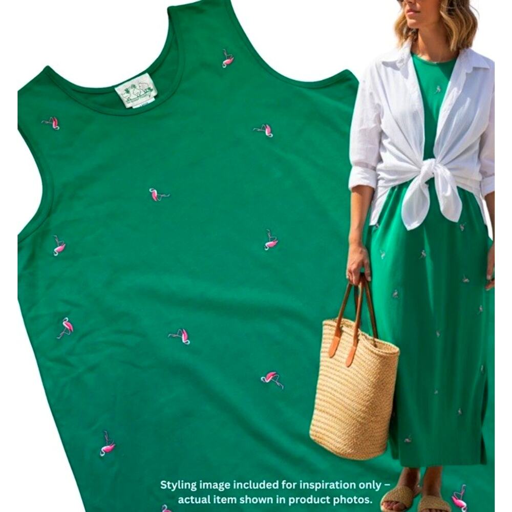 vtg Quacker Factory emerald green maxi Tank Dress Pink Flamingo Lagenlook L